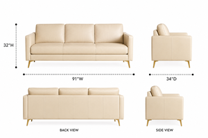 Sofá Moderno de Tres Plazas en Cuero Genuino con Patas Metálicas, Respaldo Firme y Brazos Rectos, Mueble de Sala de Estar - Product Image 2