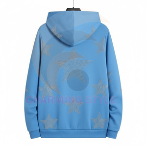 Top Fashion High Quality 100% Cotton <b>Fleece</b> Casual Pullover Hoodie Winter Solid Custom Logo Shiny Diamond Rhinestone <b>Zipper</b> - Product Image 3