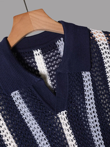 Polo de Manga Corta a Rayas de Punto para Hombre, Casual, Transpirable, Corte Regular, Diseño Azul Marino y Blanco, Polos Casuales de Diseñador - Product Image 4