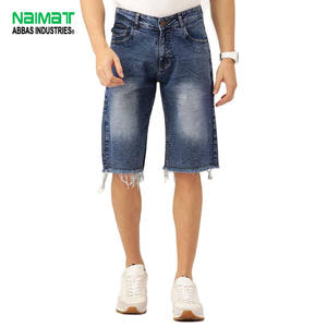 Pantalones Cortos de Mezclilla Azules para Hombre, Estilo Casual de Verano, Ajustados, Lavados, con Dobladillo sin Rematar, Diseño Moderno, de Algodón - Product Image 1