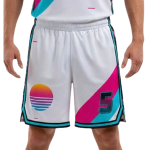 Ensemble d'uniformes de basketball personnalisés pour hommes, blanc, rose et turquoise, maillot sans manches à col en V, short, imprimé diagonal, numéros d'équipe, vêtements en gros - Product Image 6