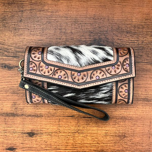 New Arrival Women's Luxury Western Leather Clutch Multi-Use Hand Tooled Carving with Stylish Cowhide Fur RFID <b>Feature</b> - Product Image 2