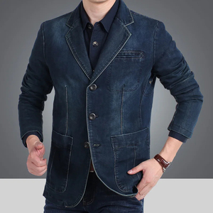 Men's Slim Fit Denim Blazer <b>Smart</b> <b>Casual</b> <b>Jacket</b> Turn Collar Single Breasted Blue Washed Cotton Lining Winter Outerwear Front - Product Image 5