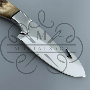 Couteau de chasse utilitaire à lame en acier au carbone avec poignée en bois de cerf et fourreau en cuir poli - Product Image 2