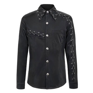Custom Punk Style <b>Men's</b> Long Sleeve Shirt Asymmetric Metal Chain Wrapped Gothic Slim Fit Black Cotton 2026 - Product Image 1