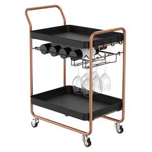 Carrito de Bar Dorado y Negro de 2 Niveles, Moderno, con Ruedas, con Estante para Botellas y Portavasos, para Decoración de Fiestas - Product Image 1