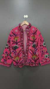 Chaqueta de Terciopelo Azul con Bordado Floral, Cuello Mandarín, Manga Larga, Abrigo de Otoño para Mujer, Diseño de Bordado a Mano - Product Image 5