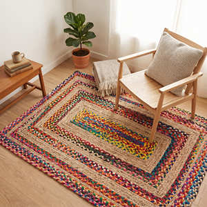 Tapis d'intérieur abstrait bohème rectangulaire bleu gris beige en jute durable pour salon, tapis décoratifs pour le sol - Product Image 4