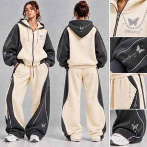 Women's <b>Cream</b> <b>Black</b> Tracksuit Set Oversized Zip Up Hoodie Wide Leg Pants Butterfly Graphic Casual Streetwear - Product Image 5