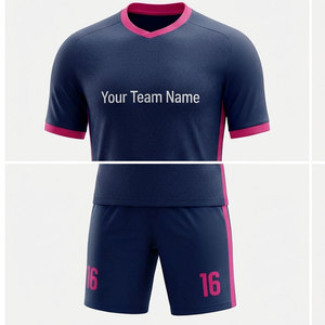 Conjunto de Uniforme de Fútbol Sublimado Personalizado, Color Azul Marino y Rosa, Cuello en V, Manga Corta, Absorbe la Humedad, Unisex para Adultos, Nombre del Equipo 16 - Product Image 5