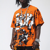 T-shirt streetwear orange pour homme, coupe classique, manches courtes, motif lettres imprimées effet gouttelettes sur le devant, en jersey de coton tricoté, col rond