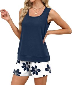 Ensemble 2 pièces pour femmes, haut sans manches à col rond, short fleuri, coupe ample, décontracté, printemps-été, tricoté en polyester - Product Image 1