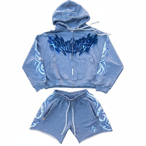 Ensembles de survêtements courts pour hommes, personnalisés, d'été, unisexe, en coton, deux pièces, effet délavé à l'acide, avec sweat à capuche et short - Product Image 1