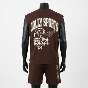 Ensemble t-shirt et short sans manches en coton French Terry premium 240 GSM pour homme, marron, streetwear, impression de logo personnalisée - Product Image 2