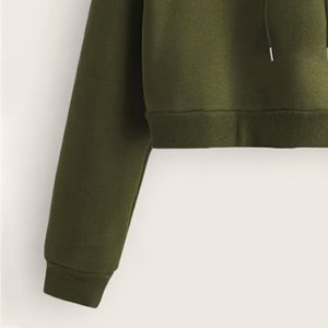 Novedades, Sudadera Corta con Capucha para Mujer, Color Verde Oliva, con Logotipo Personalizado, Manga Larga, Color Sólido, Informal, Tejida, para Otoño e Invierno - Product Image 6