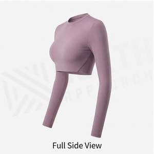 Haut court à col rond et manches longues, couleur unie, sans couture, vêtements de yoga, vêtements de sport pour femmes - Product Image 3