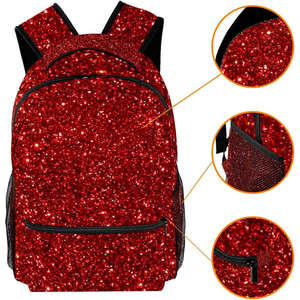 Sac à dos rouge à paillettes avec fermeture éclair noire et poche latérale en maille, style tendance, poignée souple, usage quotidien, matériau polyester - Product Image 5
