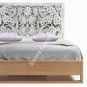 Luxury Handcrafted Solid Wood Bed <b>Frame</b> Ornate Tropical Leaf Floral Carving <b>Antique</b> White Wash Finish - Product Image 4
