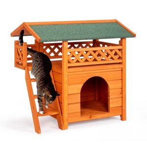 Orange Green 2-Story Wooden Feral Cat House with Weatherproof Roof Indoor Outdoor Kitty Houses Featuring Door Stairs - Product Image 2