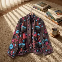 Blouson Bomber Matelassé Brodé en Velours à Motifs Floraux, Col Classique, Manches Longues, Fait Main, Style Bohème, Vêtement d'Automne en Coton pour Femme