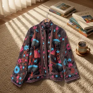 Chaqueta Bomber Floral Acolchada de Terciopelo Bordado con Cuello Mandarín, Manga Larga, Estilo Bohemio Hecho a Mano, Ropa de Otoño para Mujer, Nailon - Product Image 4