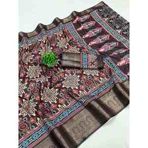 DESIGNER DOLA SILK DIGITAL PRINT WORK SAREE AVEC CHEMISIER NON COUDU NOIR - Product Image 1