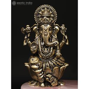 รูปปั้น lakshmi และพระพิฆเนศทองเหลืองทำด้วยมือขนาด4นิ้วฐานพลอยโรสควอตซ์ประติมากรรมคุณภาพดี - Product Image 2