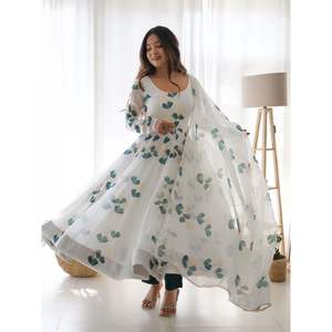 FANCY TABBY <b>ORGANZA</b> <b>SILK</b> DIGITAL PRINT WORK GOWN BOTTOM WITH DUPATTA WHITE - Product Image 6