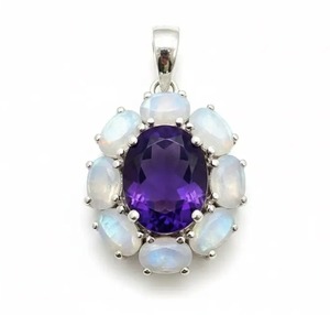 Bijoux Rhaya pour femmes, pierres naturelles améthyste et pierre de lune, fleur en argent sterling plaqué rhodium, minimaliste, inspiré de la nature, cadeau - Product Image 1