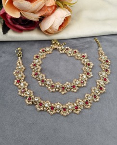 Paire de chevillères exquises en cristal perlé, finition or antique, bijoux de pied délicats pour mariage indien, Payal, ornés de pierres, vente en gros - Product Image 6