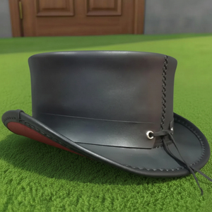 High Quality Custom made Handmade Black Leather Steampunk <b>Top</b> Hat Gothic Skull Cowboy Western Rocker Hat - Product Image 4