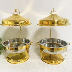 ถาดอุ่นอาหารทรงกลมพรีเมียมสีทอง พร้อมฝาแก้วไฮดรอลิกแบบปิดนุ่มนวล และขาตั้งทรงเสาแข็งแรง สำหรับงานจัดเลี้ยงระดับสูง - Product Image 1