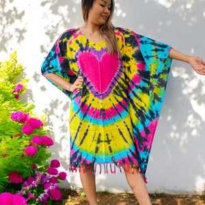 Women's Plus Size Maxi Casual Dress Tie-Dye <b>Kaftan</b> Swimwear Cover <b>Summer</b> Beach Boho Abaya Slit Design Hand Tassel V-neck Natural - Product Image 3