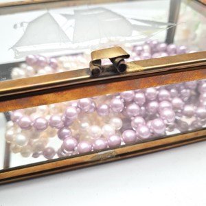 glass jewelry box 3 compartment gold brass frame hinged lid trinket holder keepsake display <b>ring</b> earring <b>storage</b> mirrored bottom - Product Image 3