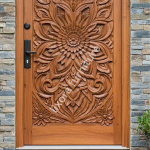 Puerta Principal de Madera Sólida Tallada a Mano con Mandala Floral, Decoración Artística para Entrada Exterior - Product Image 4