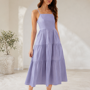 Elegante Vestido Midi con Tirantes Finos, Corte en A, Holgado, Color Sólido, Informal, de Verano, de Algodón, para Mujer, Fabricante de Vietnam - Product Image 1