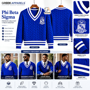 Phi Beta Sigma <b>Men's</b> Royal Blue Cable Knit V-Neck Sweater Embroidered Crest Front <b>Cardigan</b> Winter Wear Breathable Lightweight - Product Image 5