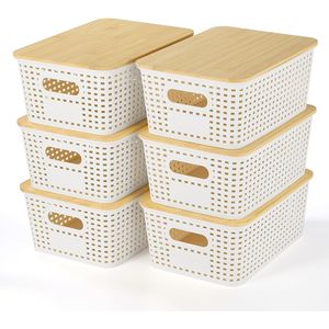 Wired Plastic Storage <b>Baskets</b> <b>with</b> Bamboo <b>Lid</b> Stackable Egg Storage Bins for Organizing Shelves - Product Image 1