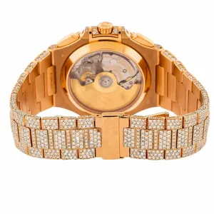 Montre de luxe haut de gamme pour homme avec moissanite taille ronde, cadran rose personnalisé, mouvement mécanique entièrement pavé en or rose - Product Image 4