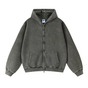 Sweat-shirt à capuche zippé surdimensionné pour homme, gris uni, 100% coton French Terry, vêtement décontracté d'automne avec poche avant - Product Image 4