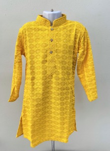 Yellow Embroidered Kurta With White Dhoti For Boys Indian Ethnic <b>Wedding</b> Wear Three Quarter Sleeve Cotton Ankle Length Regular - Product Image 4