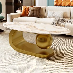 Tavolino da Caffè Ovale Moderno con Base in Acciaio Inox Dorato e Piano in Pietra Sinterizzata Effetto Marmo 120 cm per Soggiorno - Product Image 1
