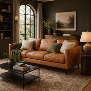 Elegante Sofá de Cuero Color Coñac de 3 Plazas, Estilo Moderno de Mediados de Siglo, Sofá de Cuero Cómodo y Muebles de Sala de Estar para el Hogar - Product Image 1