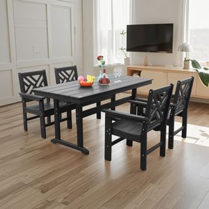 Set di mobili da giardino HDPE da esterno in 5 pezzi tavolo da pranzo nero e 4 sedie con ombrellone per giardino giardino - Product Image 3