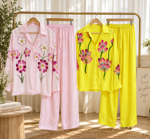Ensemble de vêtements de détente en satin à imprimé floral pour femmes, pantalon de pyjama à manches longues boutonné, tenue de détente, vêtements de nuit, marque privée, grande unité - Product Image 1