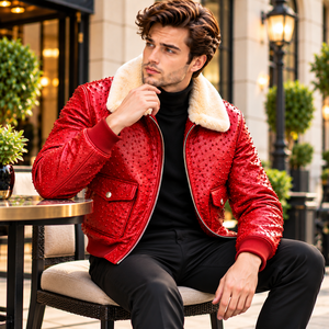 Men's <b>Red</b> Studded Leather Bomber Jacket for Shearling Fur Stand Ribbed Cuffs Zip Closure <b>Silk</b> Lining Winter Vintage Luxury - Product Image 5