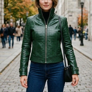 Crocodile Embossed Leather Jacket Women Real Leather Crocodile Print Biker Jacket Emerald Green Jacket with Stand Up <b>Cooler</b> - Product Image 1