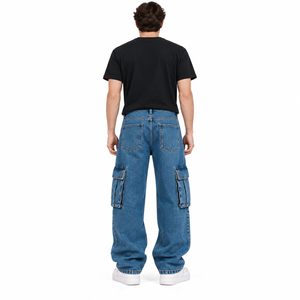 Jean cargo en denim délavé pour homme, coupe ample et décontractée, style vintage streetwear, pantalon multi-poches, fabricant OEM sous marque privée - Product Image 4