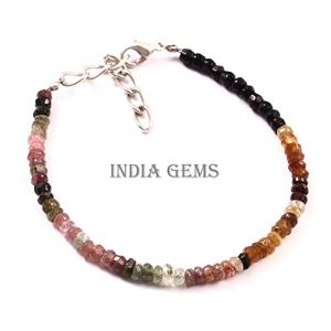 Adjustable 9 Inch Silver Jewelry <b>Bracelet</b> with Faceted Rondelle <b>Tourmaline</b> Beads Natural Gemstone Beaded for Wedding or Gift - Product Image 1