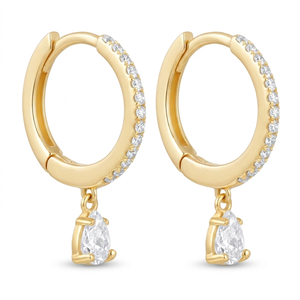 Boucles d'oreilles créoles dorées en argent 925 avec pendentif goutte en forme de poire pavé de diamants, bijoux fins chrétiens tendance, cadeau d'anniversaire de mariage pour elle - Product Image 2